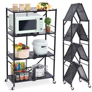 toolf 4-shelf foldable storage shelves with wheels, large capacity shelving unit, freestanding metal rack, 1 piece, black