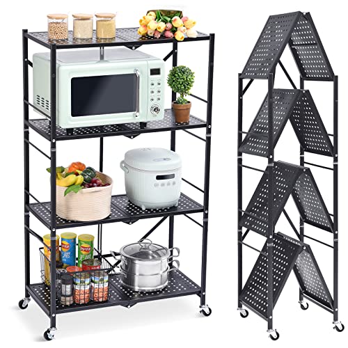 TOOLF 4-Shelf Foldable Storage Shelves with Wheels, Large Capacity Shelving Unit, Freestanding Metal Rack, 1 Piece, Black