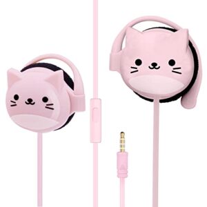 anruk kids earbuds for back to school with ear hooks, cute cat earbud for kid wired over earbud & ear headphones with microphone and kawaii ear loops, birthday gifts for girls and boys (pink)