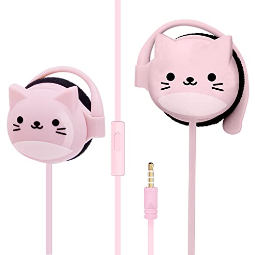 AnRuk Kids Earbuds for Back to School with Ear Hooks, Cute Cat Earbud for Kid Wired Over Earbud & Ear Headphones with Microphone and Kawaii Ear Loops, Birthday Gifts for Girls and Boys (Pink)