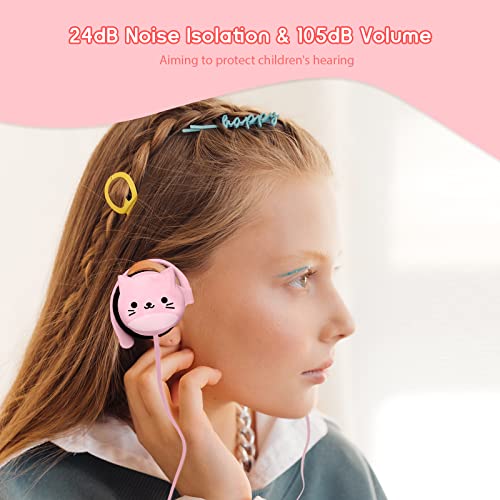 AnRuk Kids Earbuds for Back to School with Ear Hooks, Cute Cat Earbud for Kid Wired Over Earbud & Ear Headphones with Microphone and Kawaii Ear Loops, Birthday Gifts for Girls and Boys (Pink)