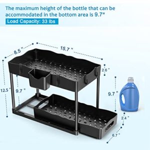 Under Sink Organizer, 2-Tier Sliding Under Sink Organizers and Storage Black, Multi-purpose Under Cabinet Storage for Kitchen Bathroom with Hooks, Hanging Cup, 2 pack