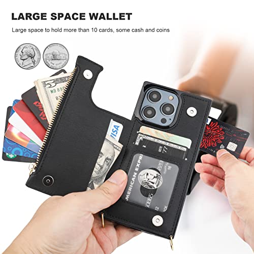 Bocasal Crossbody Wallet Case for iPhone 14 Pro with RFID Blocking Card Slot Holder, Magnetic Flip Folio Purse Case, PU Leather Zipper Handbag with Detachable Lanyard Strap 6.1 Inch 5G (Black)