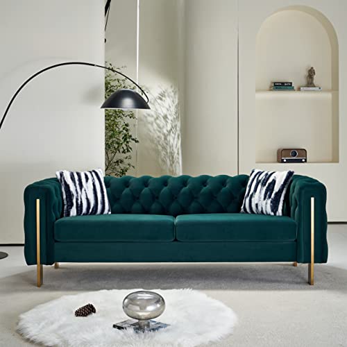 Zushule Tufted Velvet Chesterfield Sofa - A Modernized Classic with Gold Metal Legs and 2 Throw Pillows - Couches for Living Room, Office, and Bedroom - Emerald Green Couch