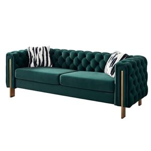 Zushule Tufted Velvet Chesterfield Sofa - A Modernized Classic with Gold Metal Legs and 2 Throw Pillows - Couches for Living Room, Office, and Bedroom - Emerald Green Couch