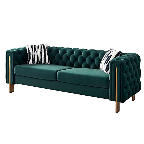 Zushule Tufted Velvet Chesterfield Sofa - A Modernized Classic with Gold Metal Legs and 2 Throw Pillows - Couches for Living Room, Office, and Bedroom - Emerald Green Couch