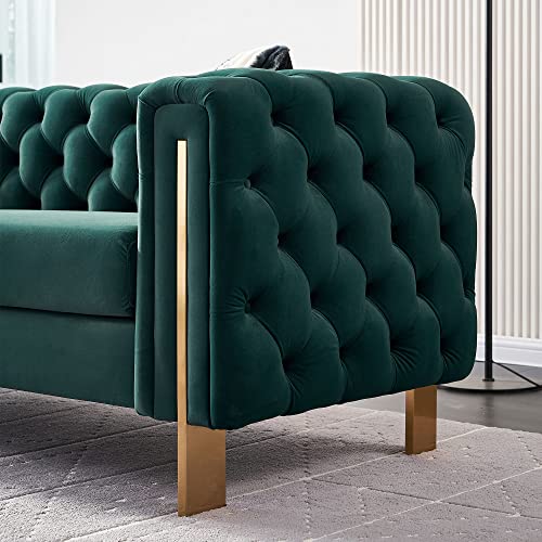 Zushule Tufted Velvet Chesterfield Sofa - A Modernized Classic with Gold Metal Legs and 2 Throw Pillows - Couches for Living Room, Office, and Bedroom - Emerald Green Couch