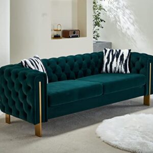 Zushule Tufted Velvet Chesterfield Sofa - A Modernized Classic with Gold Metal Legs and 2 Throw Pillows - Couches for Living Room, Office, and Bedroom - Emerald Green Couch