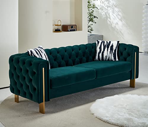 Zushule Tufted Velvet Chesterfield Sofa - A Modernized Classic with Gold Metal Legs and 2 Throw Pillows - Couches for Living Room, Office, and Bedroom - Emerald Green Couch