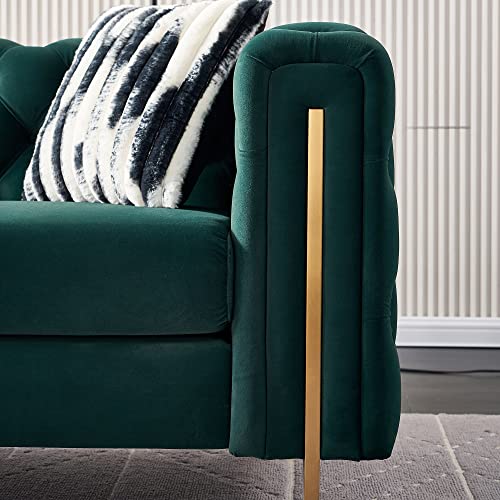 Zushule Tufted Velvet Chesterfield Sofa - A Modernized Classic with Gold Metal Legs and 2 Throw Pillows - Couches for Living Room, Office, and Bedroom - Emerald Green Couch