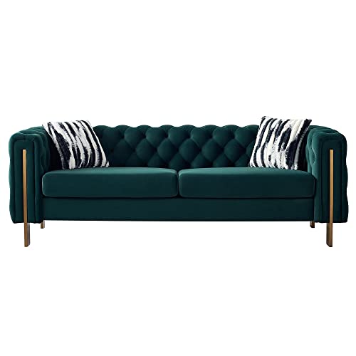 Zushule Tufted Velvet Chesterfield Sofa - A Modernized Classic with Gold Metal Legs and 2 Throw Pillows - Couches for Living Room, Office, and Bedroom - Emerald Green Couch