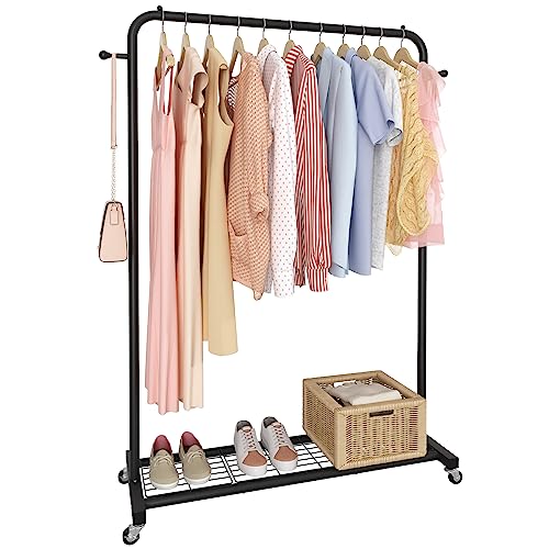 Sywhitta Clothes Rack on wheels, Clothing Rack with Bottom Mesh Storage Shelf,Sturdy Metal Frame,Rolling Garment Rack for Hanging Clothes,Coats,Skirts,39.76" L x 16" W x 64.56" H,Black