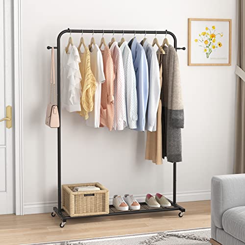 Sywhitta Clothes Rack on wheels, Clothing Rack with Bottom Mesh Storage Shelf,Sturdy Metal Frame,Rolling Garment Rack for Hanging Clothes,Coats,Skirts,39.76" L x 16" W x 64.56" H,Black