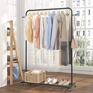 Sywhitta Clothes Rack on wheels, Clothing Rack with Bottom Mesh Storage Shelf,Sturdy Metal Frame,Rolling Garment Rack for Hanging Clothes,Coats,Skirts,39.76" L x 16" W x 64.56" H,Black