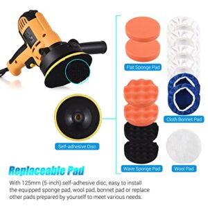 Buffer Polisher, Geevorks Buffer Waxer 5-inch, Variable Speed Car Polisher 600-3700RPM with Detachable Handle/ 6PCS Sponge Pad/ 6PCS Cloth Bonnet Pad/ 1PCS Wool Pad/Spanner