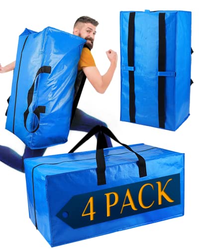 Raydior Heavy Duty Moving bags Storage Totes 4PCS| Extra Large Blue Packing Bags Backpack Straps Strong Handles & Zippers| College Moving, Laundry bags, Alternative to Moving Box