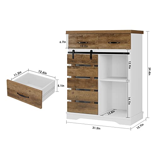 HOSTACK Farmhouse Coffee Bar Cabinet, Sideboard Buffet Cabinet with Drawers and Shelves, Sliding Barn Door Storage Cabinet for Kitchen, Living Room, Dining Room, Entryway, White and Rustic Brown