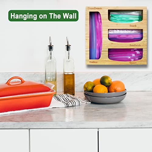 DUODEAN Ziplock Bag Storage Organizer for Drawer, Bamboo Plastic Baggie Storage Organizer with Four Slots, Compatible with Ziploc Sandwich, Gallon, Quart, and Snack Bags and Sliders