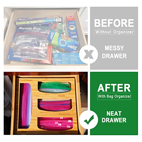 DUODEAN Ziplock Bag Storage Organizer for Drawer, Bamboo Plastic Baggie Storage Organizer with Four Slots, Compatible with Ziploc Sandwich, Gallon, Quart, and Snack Bags and Sliders