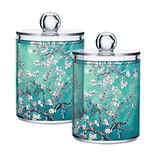 innewgogo Almond Blossom 2 Pack Cotton Swab Ball Holder Organizer Dispenser Plastic Glass Containers with Lids Cotton Swab Container Clear Bathroom Organizer Dispenser for Cotton Swabs