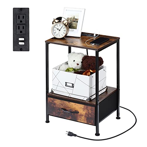 NANANARDOSO Nightstand with Charging Station, Bedside Table with USB Ports & Outlets, Furniture Bedside Table with Fabric Drawer, Charging Night Stand for Hallway, Living Room, Bedroom, Brown.