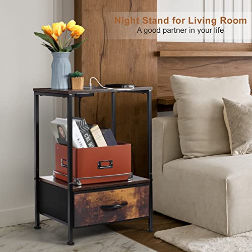 NANANARDOSO Nightstand with Charging Station, Bedside Table with USB Ports & Outlets, Furniture Bedside Table with Fabric Drawer, Charging Night Stand for Hallway, Living Room, Bedroom, Brown.