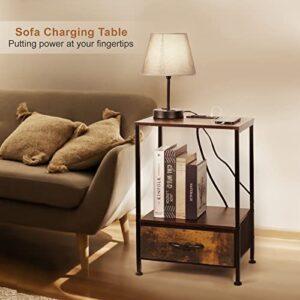 NANANARDOSO Nightstand with Charging Station, Bedside Table with USB Ports & Outlets, Furniture Bedside Table with Fabric Drawer, Charging Night Stand for Hallway, Living Room, Bedroom, Brown.