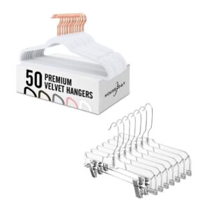 house day clear skirt hangers 12 pack and white velvet hangers 50 pack, closet hangers set, college dorm room essentials