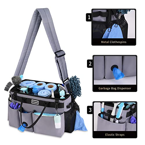 CHZUOBER Large Cleaning Caddy Organizer with Handle, Sponge Shoulder Strap Cleaning Supplies Organizer with Foldable Dividers Zipper Pocket Cleaning Supply Caddy for Cleaners Housekeepers