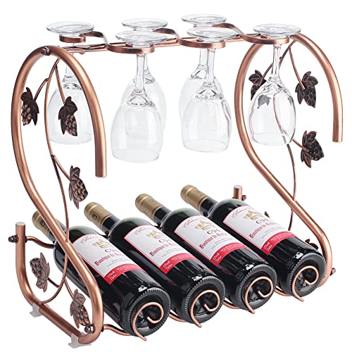 Countertop Wine Rack with Wine Glass Holders, Holds 4 Bottles and 6 Stemwares