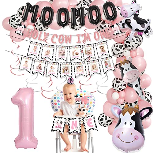 143 PCs Holy Cow I'M One Birthday Decorations for Girl, Fiesec Cow First Birthday Party Supplies Cow Print Balloon Garland Monthly Photo Highchair Glitter Banner Cake Topper Crown Pink White Black