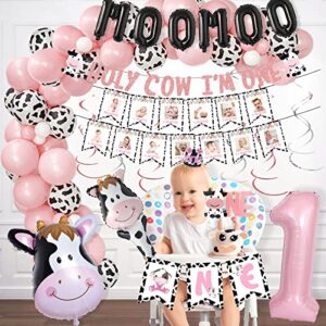 143 PCs Holy Cow I'M One Birthday Decorations for Girl, Fiesec Cow First Birthday Party Supplies Cow Print Balloon Garland Monthly Photo Highchair Glitter Banner Cake Topper Crown Pink White Black