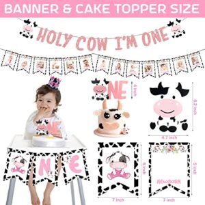 143 PCs Holy Cow I'M One Birthday Decorations for Girl, Fiesec Cow First Birthday Party Supplies Cow Print Balloon Garland Monthly Photo Highchair Glitter Banner Cake Topper Crown Pink White Black