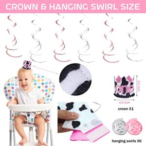 143 PCs Holy Cow I'M One Birthday Decorations for Girl, Fiesec Cow First Birthday Party Supplies Cow Print Balloon Garland Monthly Photo Highchair Glitter Banner Cake Topper Crown Pink White Black