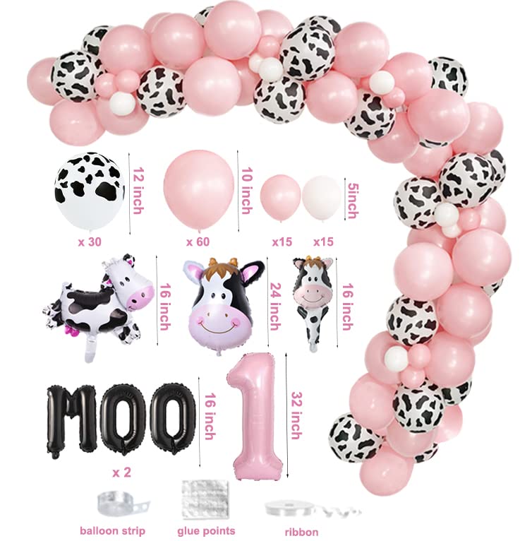 143 PCs Holy Cow I'M One Birthday Decorations for Girl, Fiesec Cow First Birthday Party Supplies Cow Print Balloon Garland Monthly Photo Highchair Glitter Banner Cake Topper Crown Pink White Black