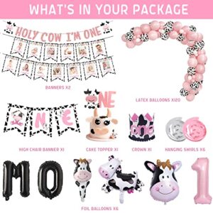 143 PCs Holy Cow I'M One Birthday Decorations for Girl, Fiesec Cow First Birthday Party Supplies Cow Print Balloon Garland Monthly Photo Highchair Glitter Banner Cake Topper Crown Pink White Black