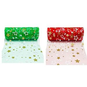 2 Rolls Christmas Tulle Rolls 6 Inch x 10 Yards Stars Tulle Netting Roll Fabric for Wreath Making Skirt Bows Christmas Decoration (Green+Red)