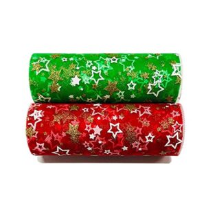 2 Rolls Christmas Tulle Rolls 6 Inch x 10 Yards Stars Tulle Netting Roll Fabric for Wreath Making Skirt Bows Christmas Decoration (Green+Red)