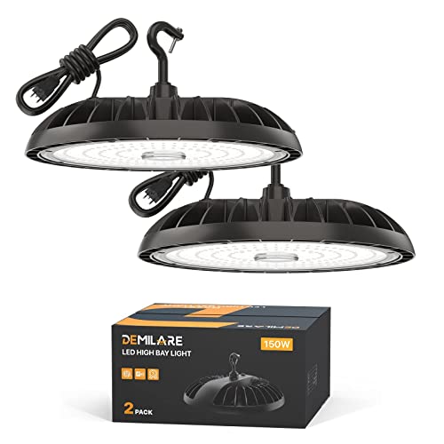 DEMILARE 2 Pack Led High Bay Light 150W, 5000K 22500 lm High Bay Led Shop Lights, IP65 Waterproof UFO High Bay Light 120-277V, Commercail Lighting for Warehouse, Workshop, Garage, Barn