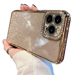 minscose compatible with iphone 13 pro max case,luxury glitter rhinestone bling diamond sparkle shiny bumper and camera lens design clear phone case for women girls-gold