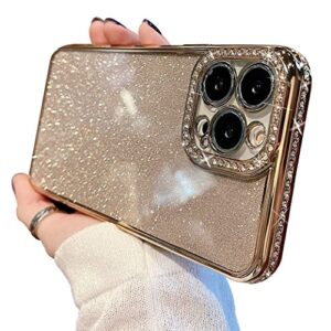 MINSCOSE Compatible with iPhone 13 Pro Max Case,Luxury Glitter Rhinestone Bling Diamond Sparkle Shiny Bumper and Camera Lens Design Clear Phone Case for Women Girls-Gold