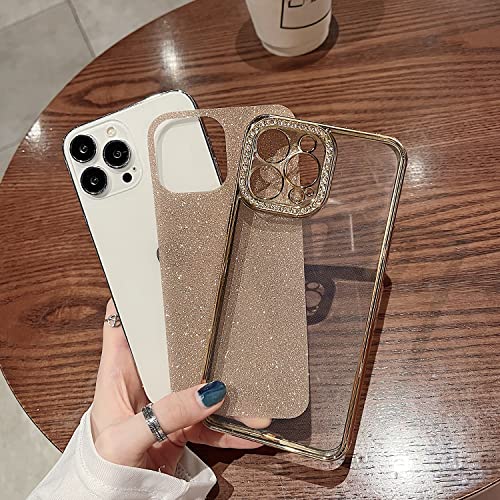 MINSCOSE Compatible with iPhone 13 Pro Max Case,Luxury Glitter Rhinestone Bling Diamond Sparkle Shiny Bumper and Camera Lens Design Clear Phone Case for Women Girls-Gold