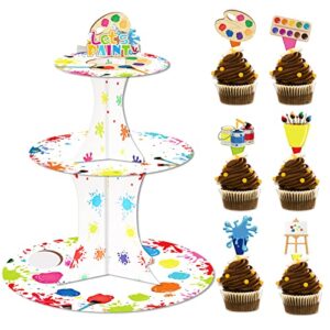 art painting cupcake stand with 24pcs cupcake toppers for art birthday party decorations 3 tire paint party cupcake dessert holder for artist birthday baby shower party decor supplies