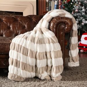 cozy bliss luxury soft fuzzy faux fur throw blanket for couch, warm milky plush striped blanket for sofa, furry thick fluffy cozy shaggy blanket for women living room bedroom, 50 * 70 inches beige
