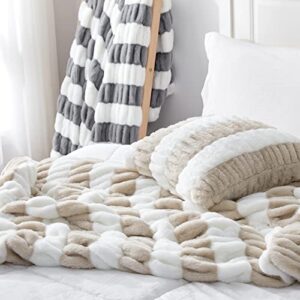 Cozy Bliss Luxury Soft Fuzzy Faux Fur Throw Blanket for Couch, Warm Milky Plush Striped Blanket for Sofa, Furry Thick Fluffy Cozy Shaggy Blanket for Women Living Room Bedroom, 50 * 70 Inches Beige