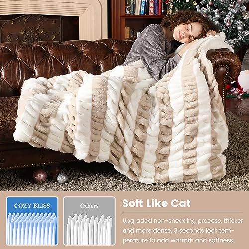 Cozy Bliss Luxury Soft Fuzzy Faux Fur Throw Blanket for Couch, Warm Milky Plush Striped Blanket for Sofa, Furry Thick Fluffy Cozy Shaggy Blanket for Women Living Room Bedroom, 50 * 70 Inches Beige