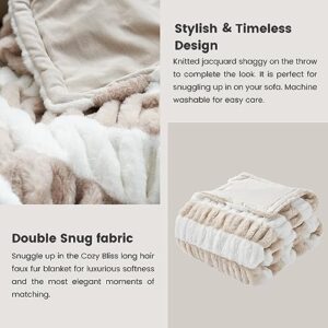 Cozy Bliss Luxury Soft Fuzzy Faux Fur Throw Blanket for Couch, Warm Milky Plush Striped Blanket for Sofa, Furry Thick Fluffy Cozy Shaggy Blanket for Women Living Room Bedroom, 50 * 70 Inches Beige