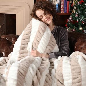 Cozy Bliss Luxury Soft Fuzzy Faux Fur Throw Blanket for Couch, Warm Milky Plush Striped Blanket for Sofa, Furry Thick Fluffy Cozy Shaggy Blanket for Women Living Room Bedroom, 50 * 70 Inches Beige