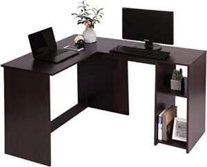 furniturer computer desk with bookshelf industrial style study table computer gaming desk with storage, wooden l-shaped corner desk save space for home office, brown