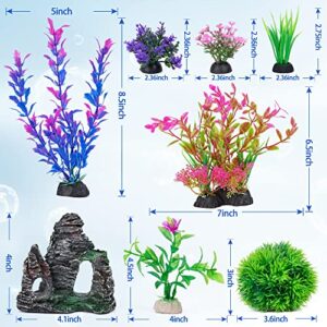 Ameliade Aquarium Decorations Fish Tank Artificial Plastic Plants & Cave Rock Decor Set, Goldfish Betta Fish Tank Accessories Small & Large Fish Bowl Decorations （8PCS